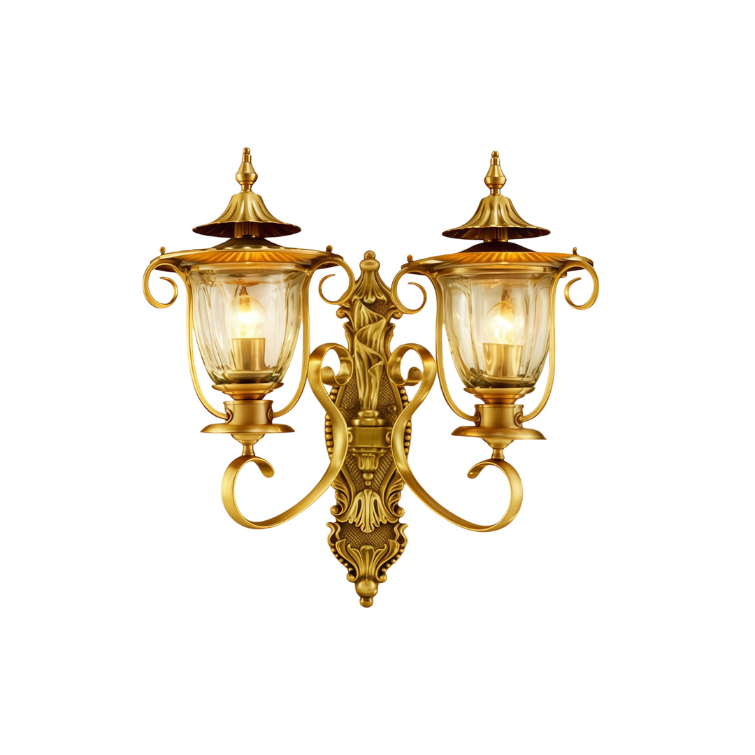 Double-arm Copper Outdoor Wall Sconces isolated on white background with elegant traditional lantern styling.