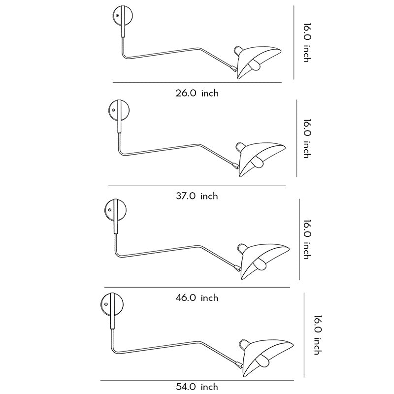 Double arm wall sconce technical drawing illustrating multiple arm lengths and adjustable installation options.