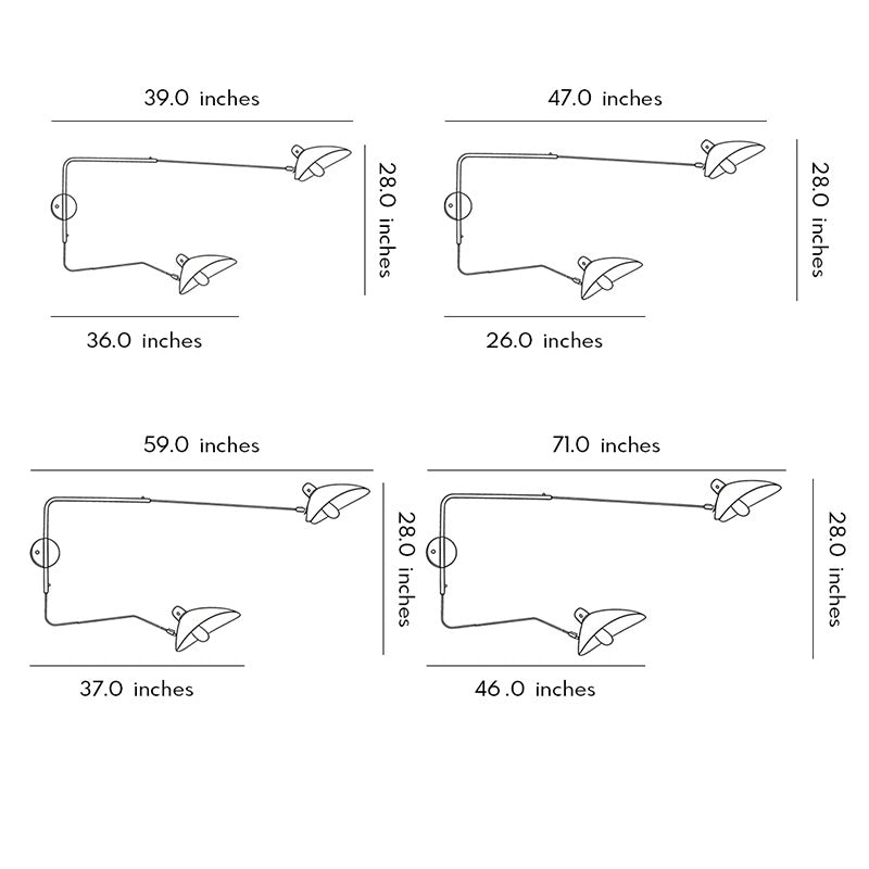 Double arm wall sconce dimension diagram showing reach, height, and swing arm measurements.