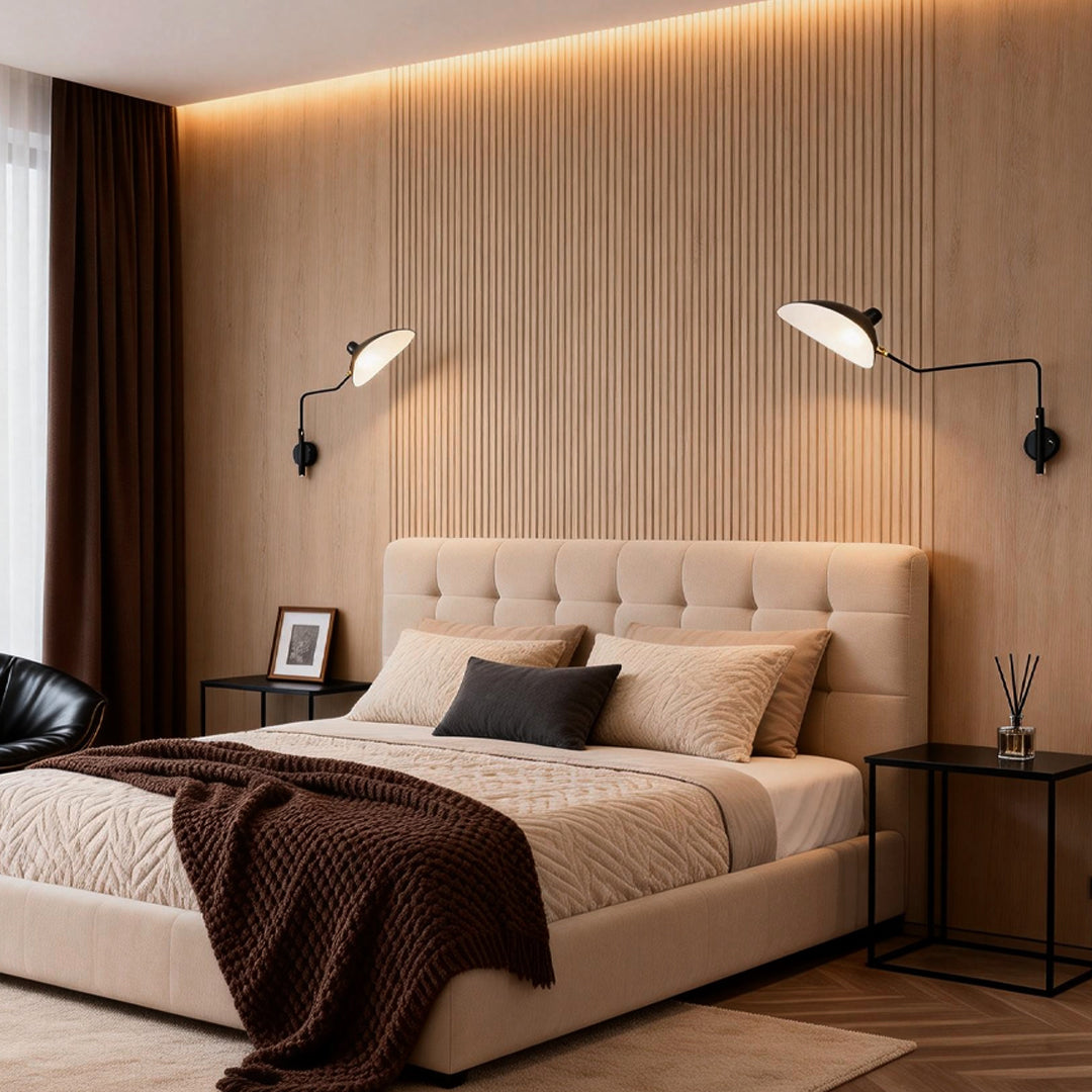 Double arm wall sconce mounted on wood accent wall, creating balanced lighting for a contemporary master bedroom.