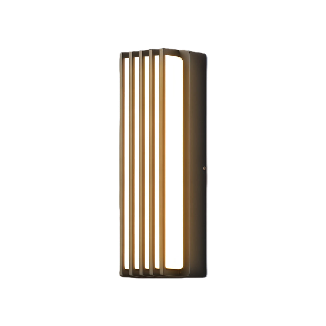 Double vertical bronze wall-mounted linear lighting with warm illumination and minimalist ribbed body design.