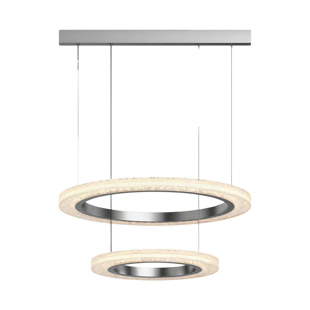 Modern luxury chandeliers featuring double chrome rings with tiered crystal arrangement