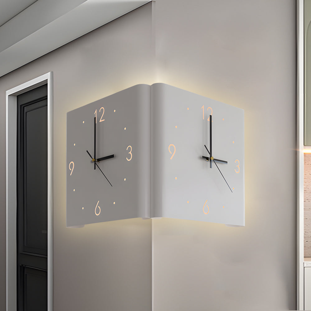 Double-sided wall clock lamp designed for corner wall mounting