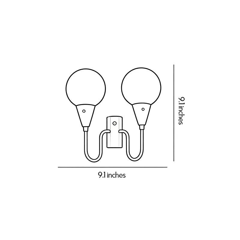 Double globe wall sconce dimension drawing showing fixture height, width, and measurements.