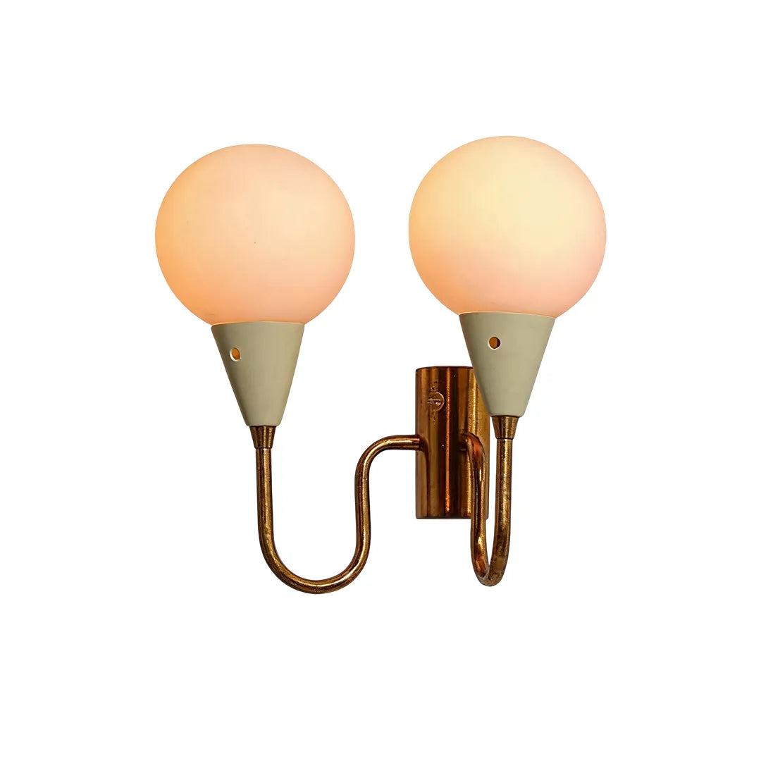 Double globe wall sconce product image with two frosted globe lights and brass finish.