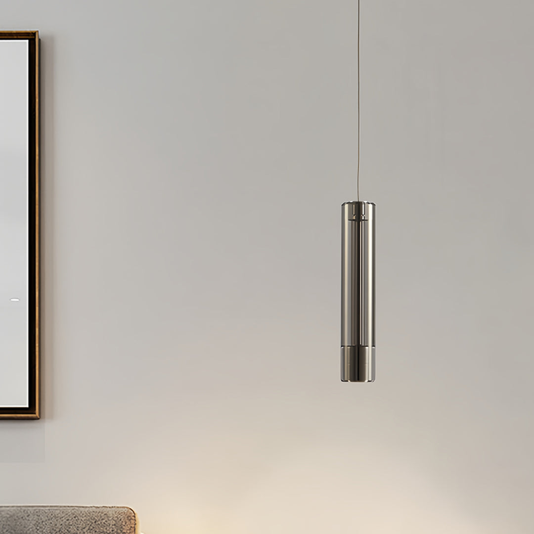 Double hanging pendant light in minimalist hallway providing focused downward illumination