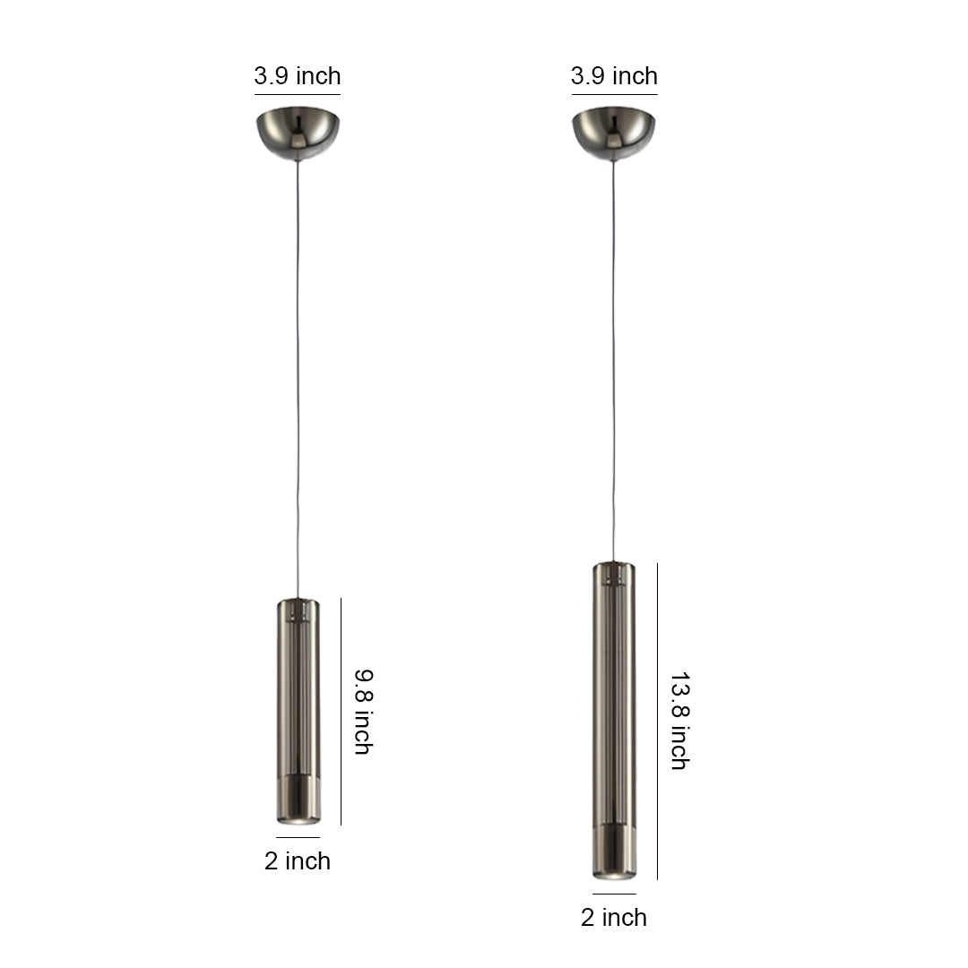 Double hanging pendant lights collection featuring brass cylindrical fixtures in various lengths with modern minimalist design