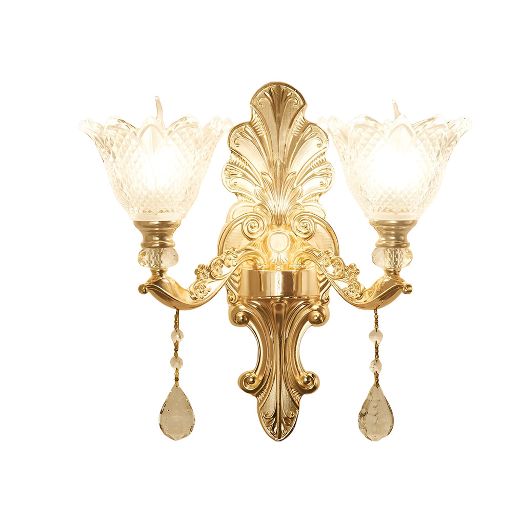 Double lamp wall lights with a classic design, providing elegant light in a traditional room.