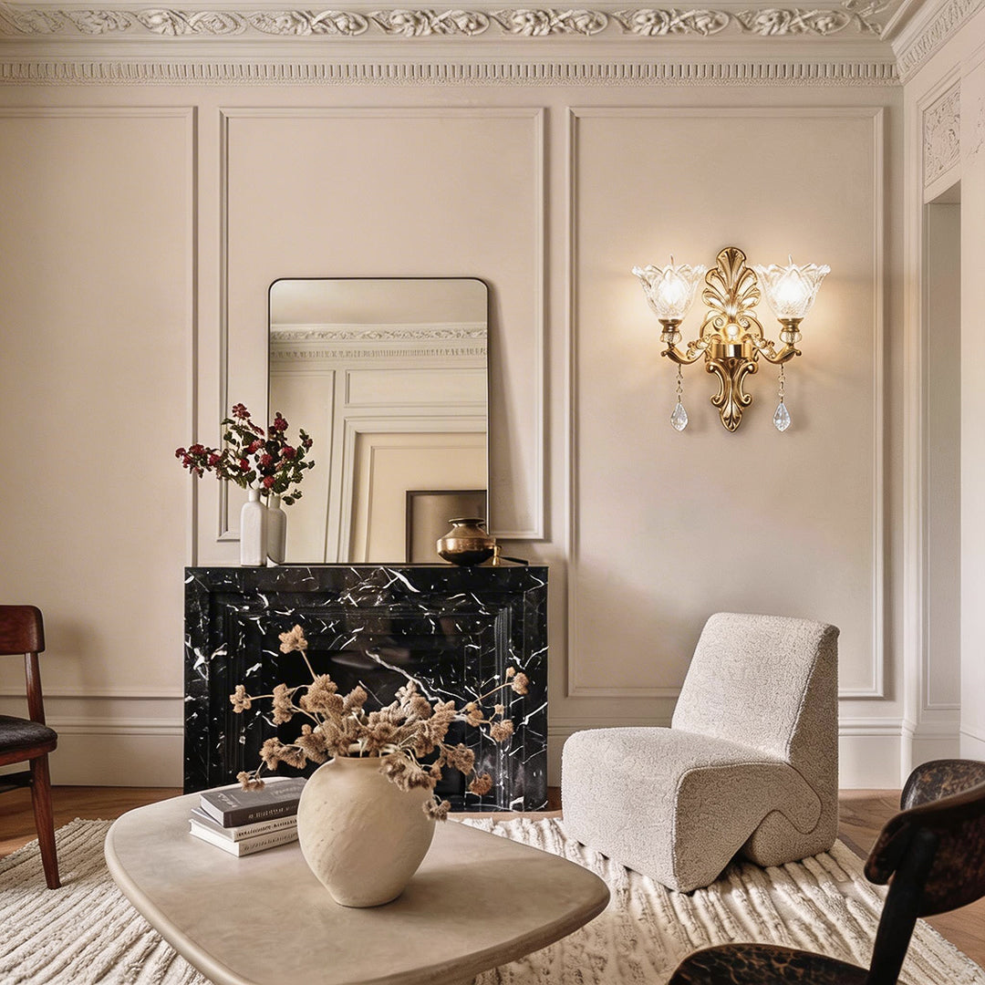 Double lamp wall lights with a sleek design, enhancing a modern bedroom with a vanity.