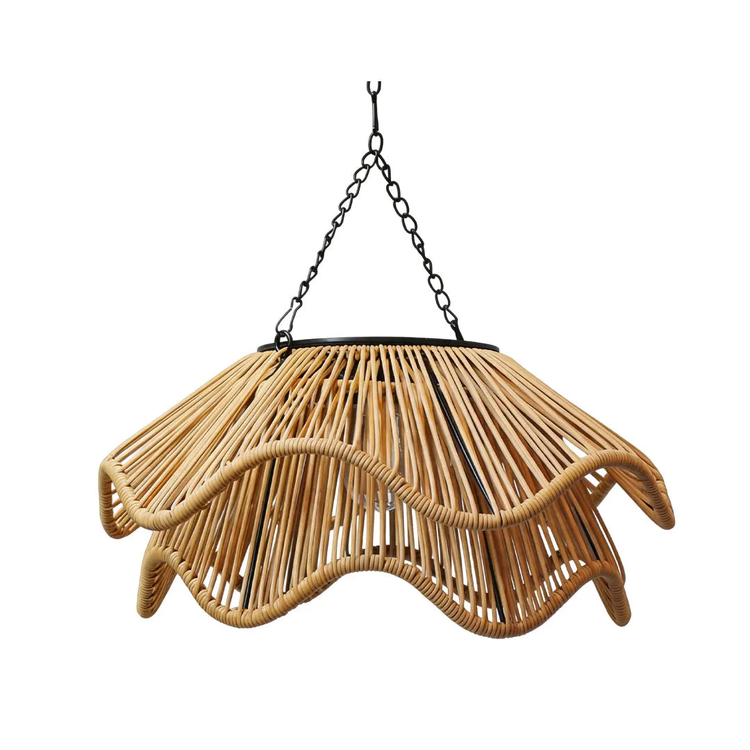 Outdoor woven pendant light with a double-layer rattan shade and decorative curved silhouette.