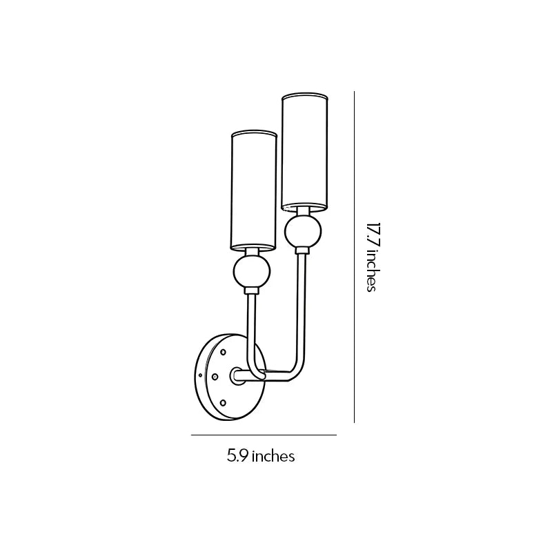 Double sconce wall light dimension drawing showing fixture height, width, and mounting measurements.