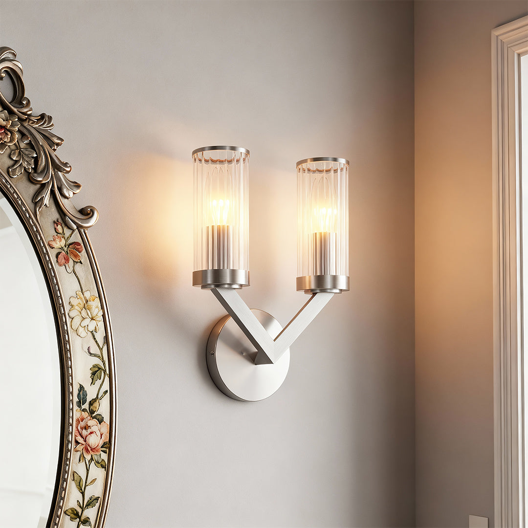 Modern luxury chandeliers inspired double sconce wall light in minimalist space with greenery.