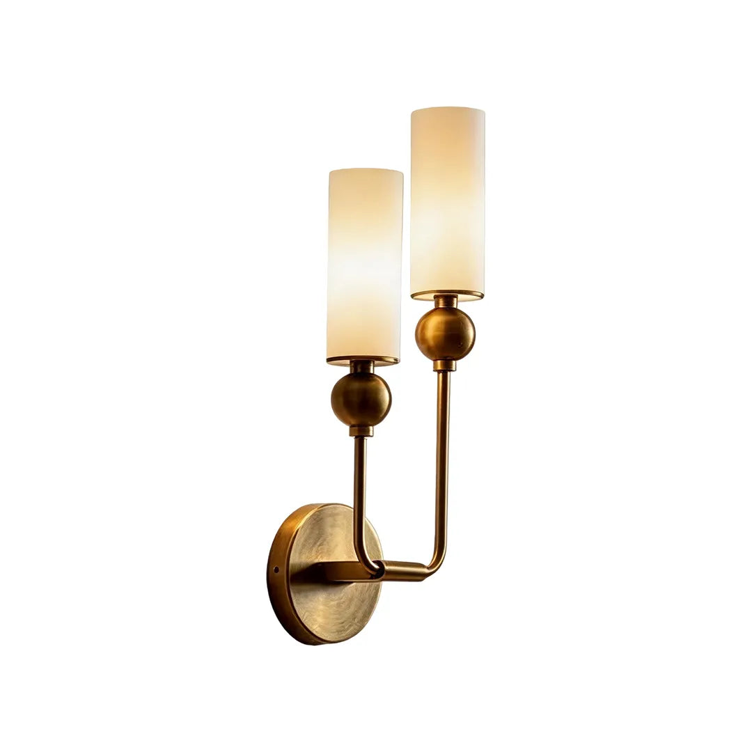 Double sconce wall light product image with two frosted glass shades and a brushed brass finish.
