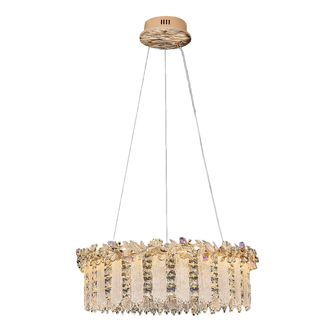 Gold crystal chandelier featuring double-tier crystal design and warm lighting.