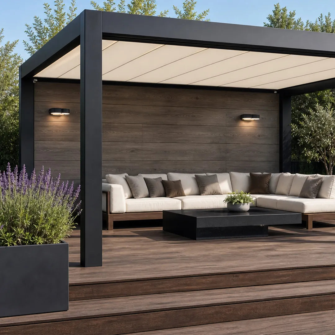 Double wall lights mounted on a dark exterior wall beneath a pergola, with two rotatable heads for directional lighting.