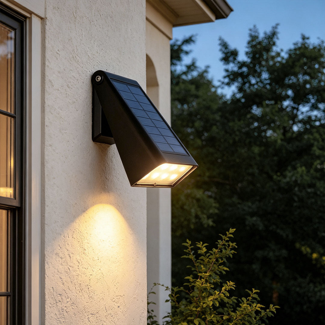 LED down light wall sconce in black combines modern design with solar efficiency, perfect for indoor or outdoor ambient lighting.