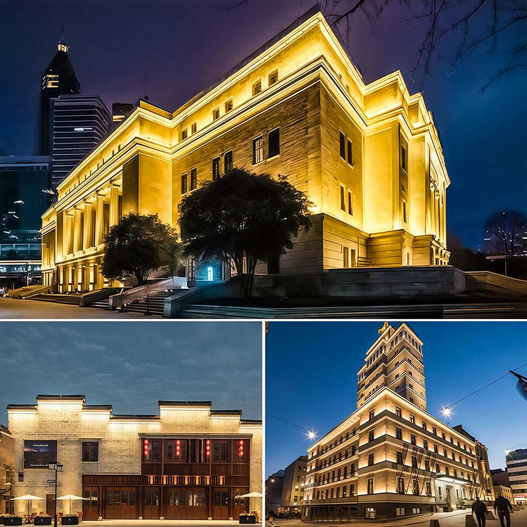Dramatic DIY wall wash lighting featuring glass shade chandelier influence on historic and modern building exteriors at night.