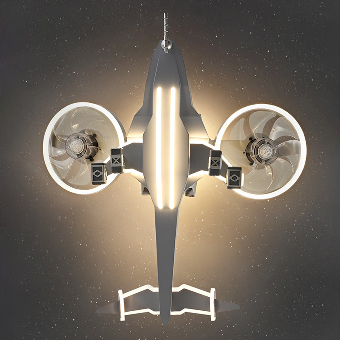 Fun kids ceiling fan with light displaying dramatic lighting effect against dark ceiling