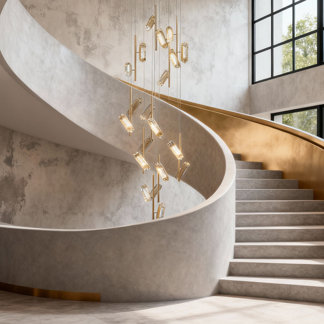 Dramatic led staircase chandelier descending alongside concrete spiral staircase in modern architectural space