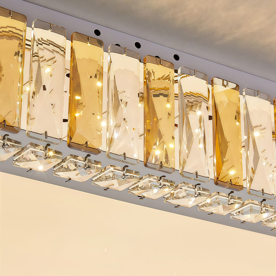 Dramatic linear LED flush mounted ceiling lights with glass shade chandelier design featuring multiple gold and crystal panels.
