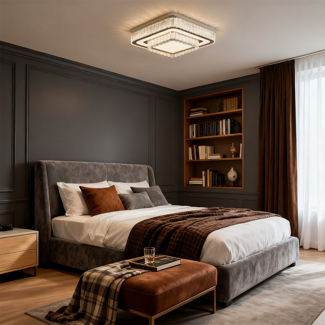 Dramatic modern flush mount light fixtures with glass shade chandelier design in moody dark-toned bedroom with wood accents.