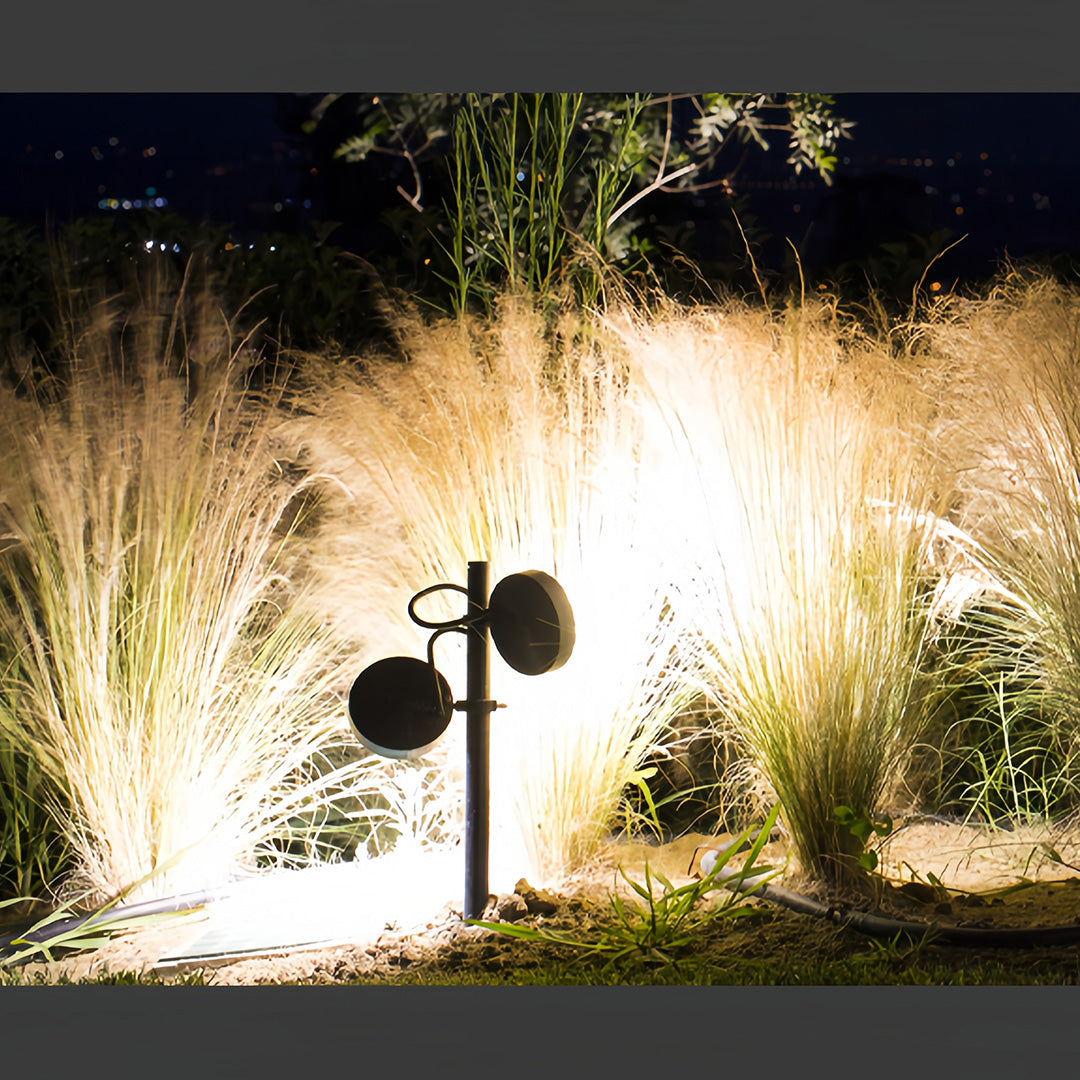 Pathway landscape lights providing dramatic uplighting among ornamental grasses and garden foliage in a contemporary outdoor setting.