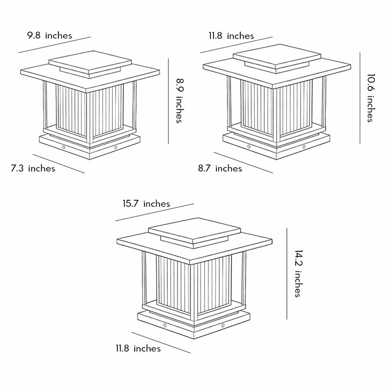 Driveway pillar solar lights dimension drawing showing multiple size options for outdoor gate columns.