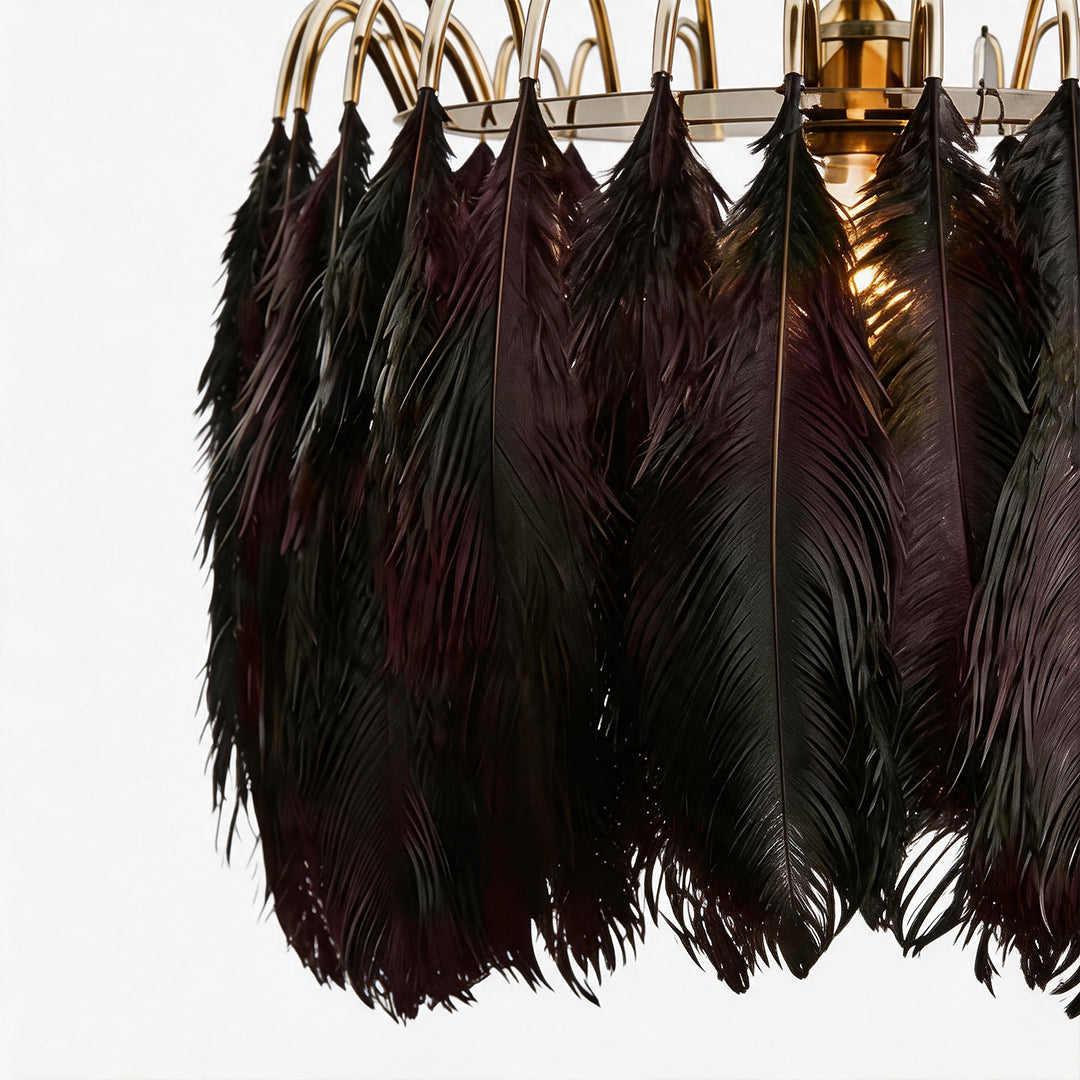 Close-up of black feather details on a drum light chandelier.