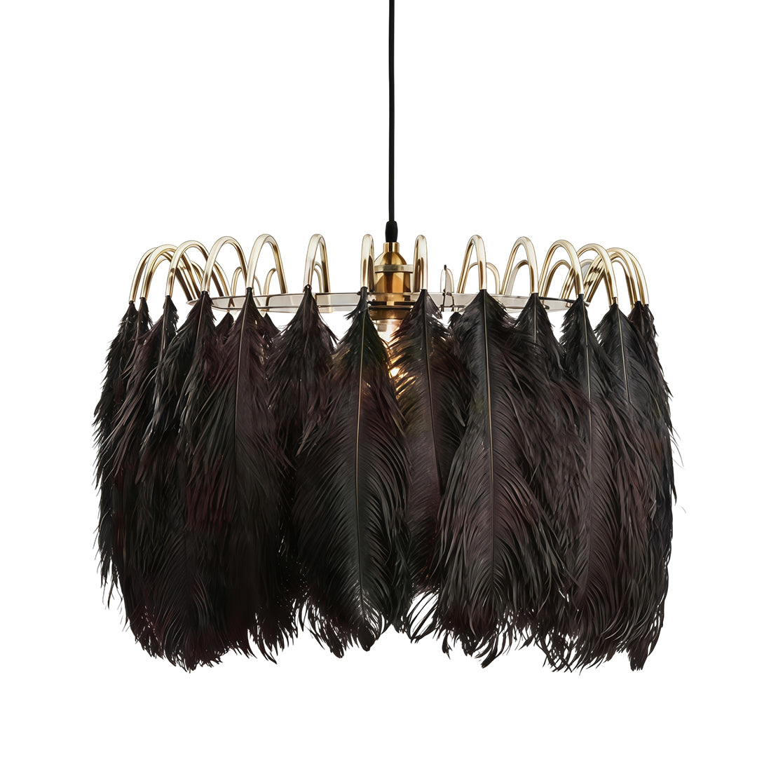 Black drum light chandelier with layered feather accents shown on a white background.