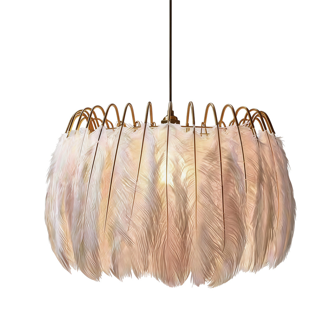 White drum light chandelier with layered feather accents shown on a white background.