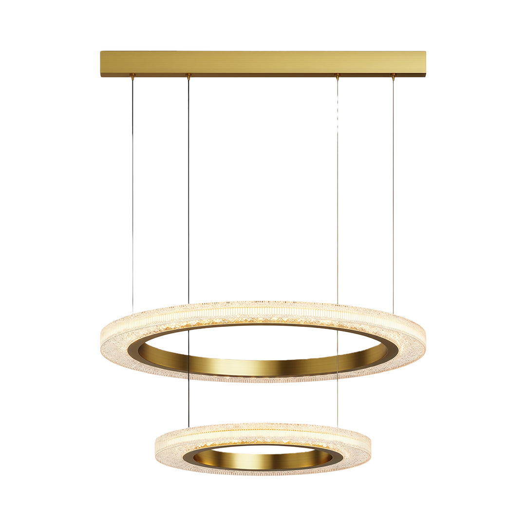 Round modern chandelier with dual brass rings and stacked LED crystal design