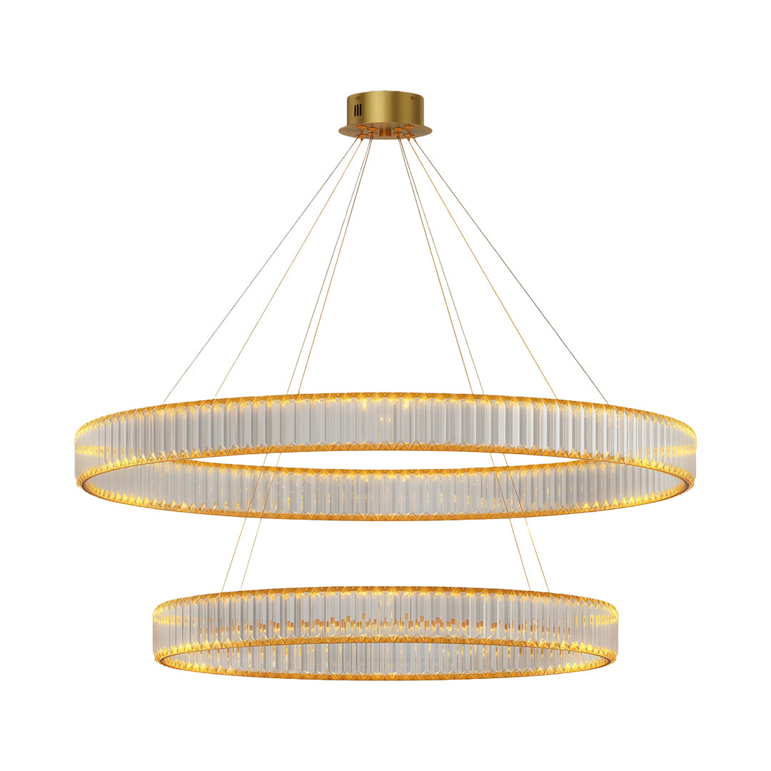 Unique modern chandeliers featuring dual brass rings with tiered crystal glass layout