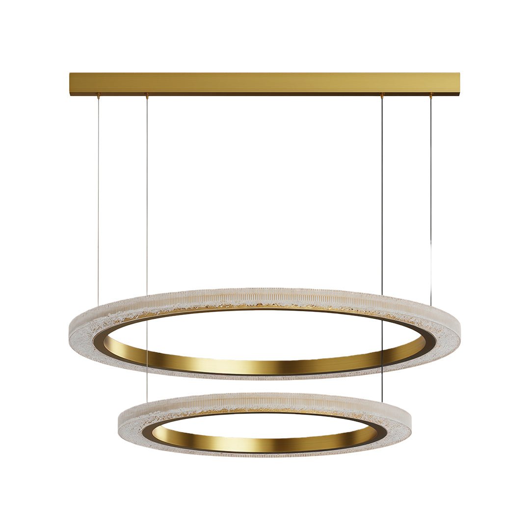 Round modern chandelier with dual brass rings and two-tier LED crystal design