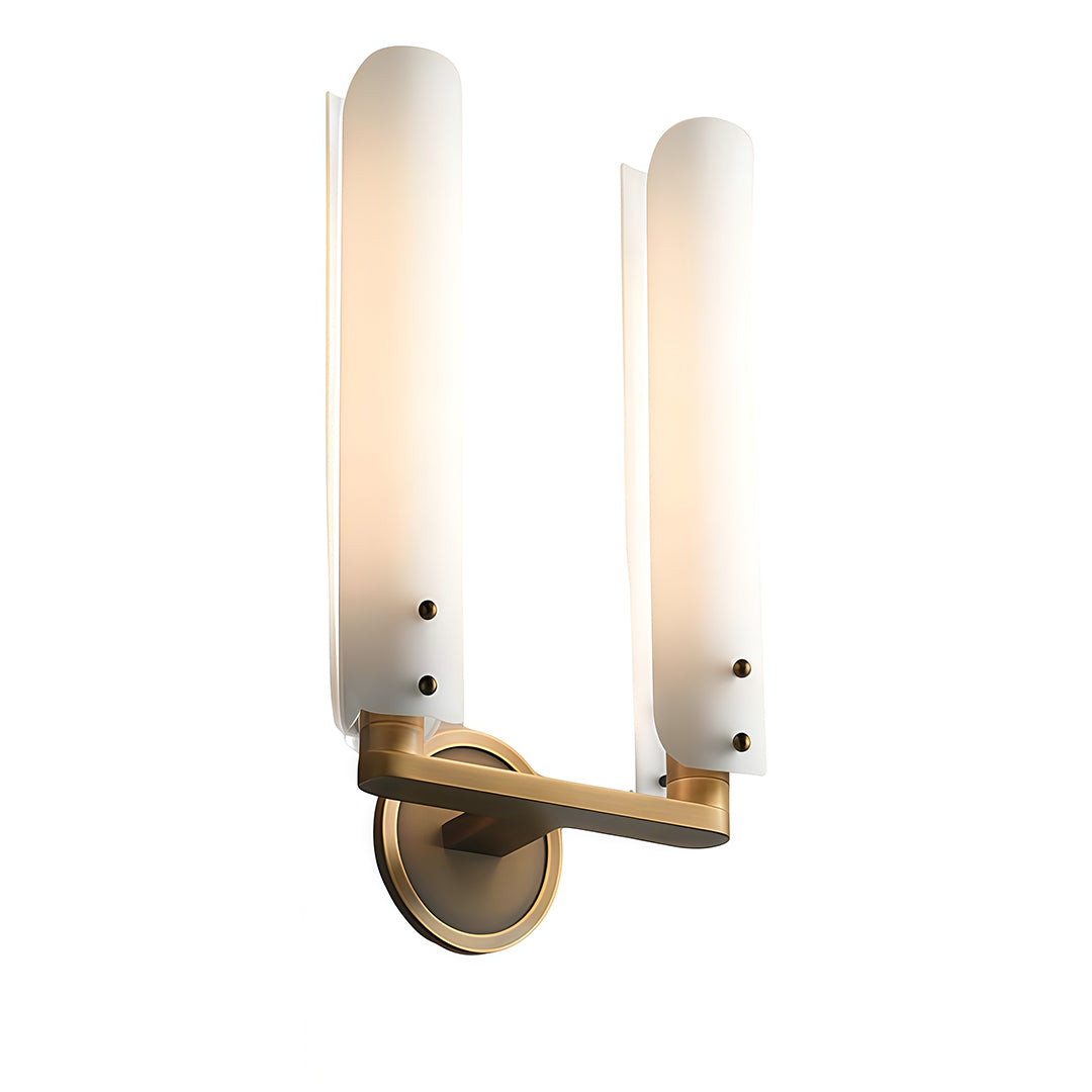 Dual brass wall light with glass shades featuring two vertical tubes and bronze mounting bracket.