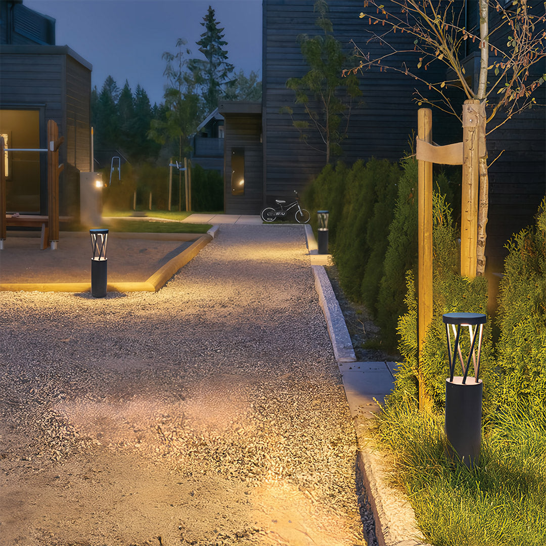 Dual display of the bright path lights showing both warm yellow and cool white color temperature options for landscape design.