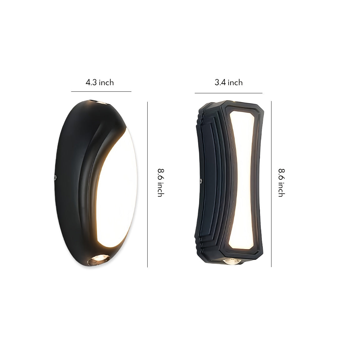 Two modern up down outdoor wall lights shown in a product display with a curved black housing and warm illumination.