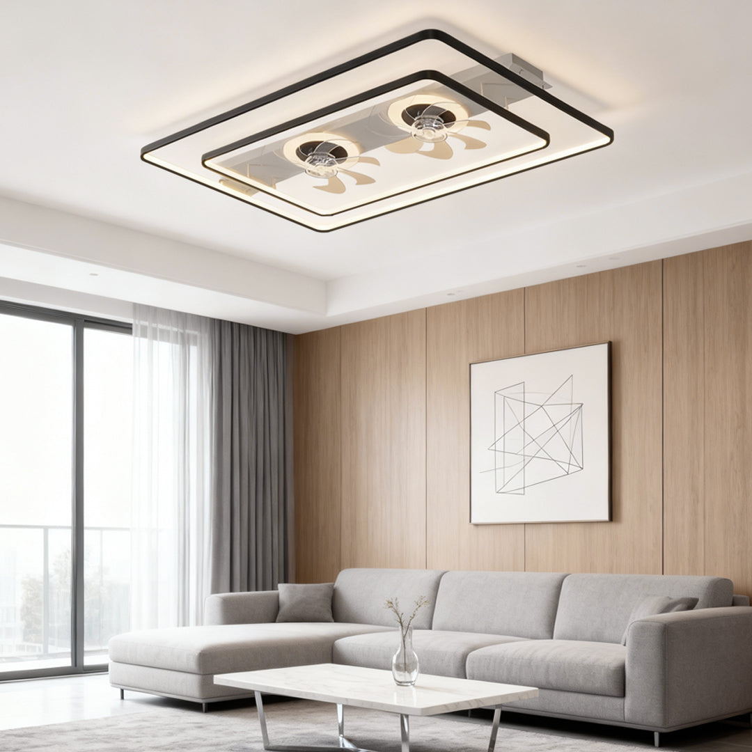 Dual head ceiling fans rectangular LED transparent blade light provides modern airflow and stylish illumination for large rooms.