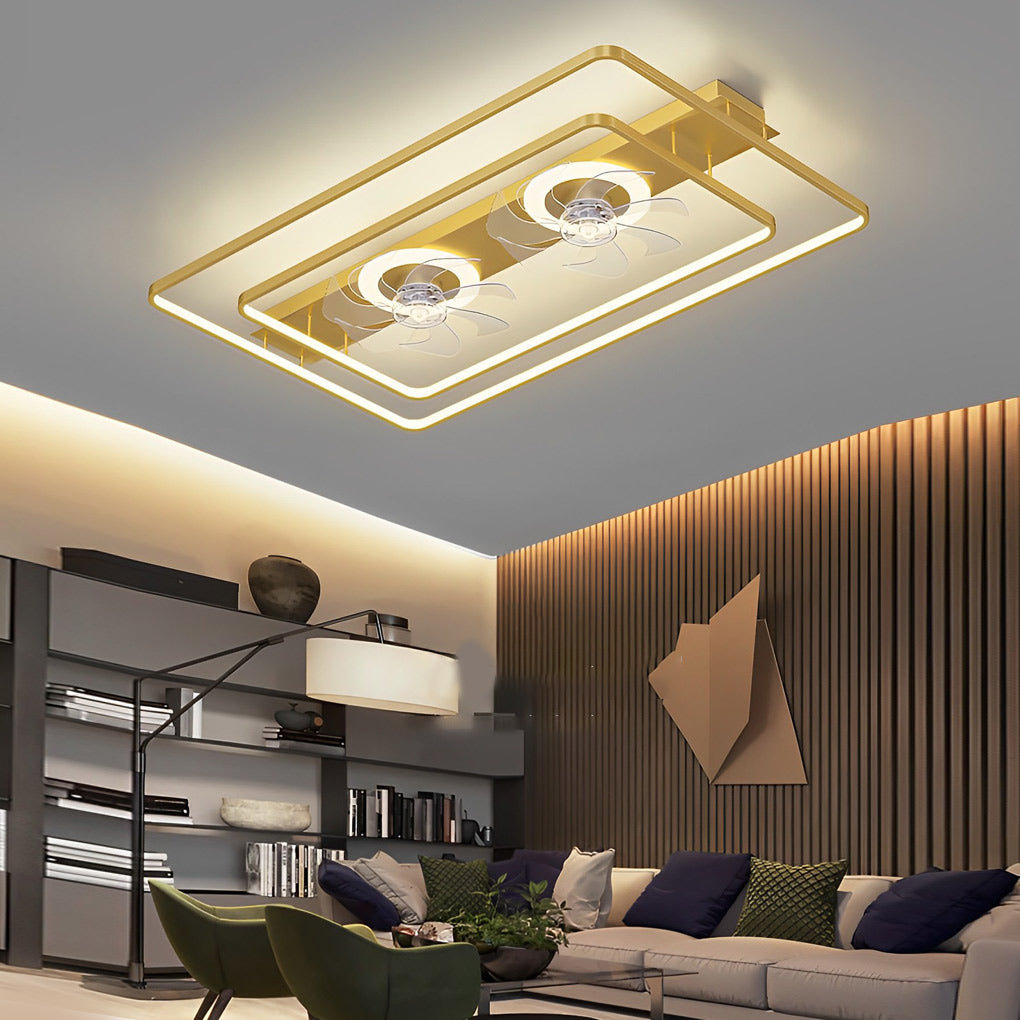 Dual head ceiling fans with transparent blades and circular LED light detail in close-up view.