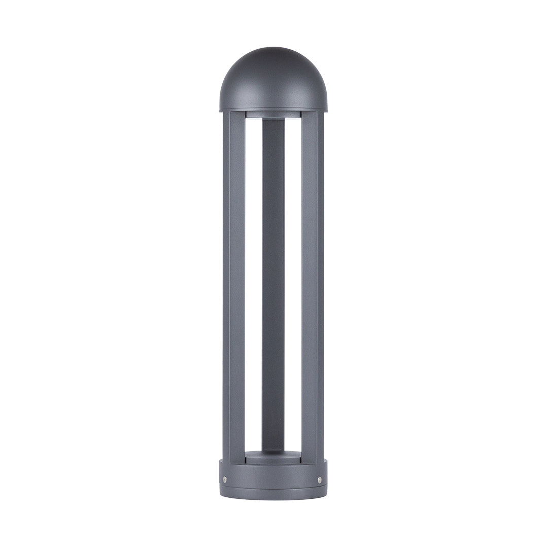 Modern gray bollard light with two vertical LED strips and rounded top design