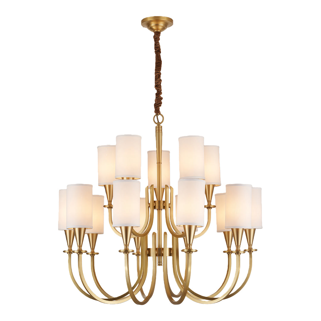 Copper chandelier modern with dual-level brass arms and white tapered shades