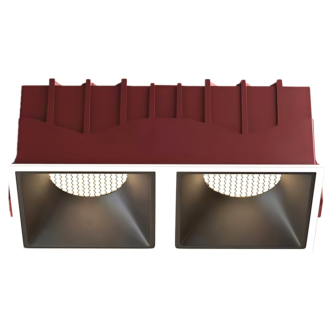 Front view of a dual-light recessed square led downlights fixture featuring a red housing and black baffles.