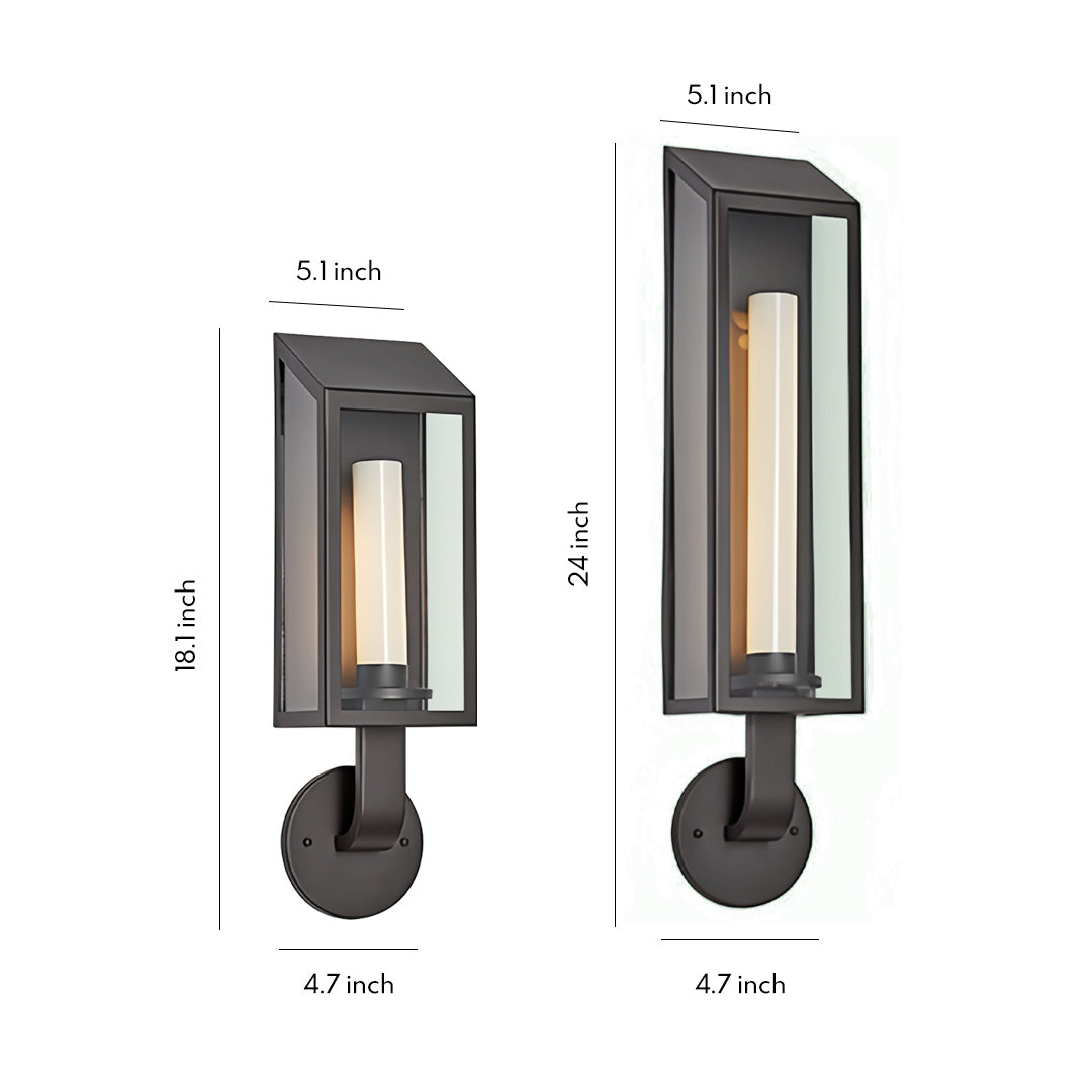 Dual modern outdoor wall mount light fixture set featuring slim rectangular frames and warm illumination.