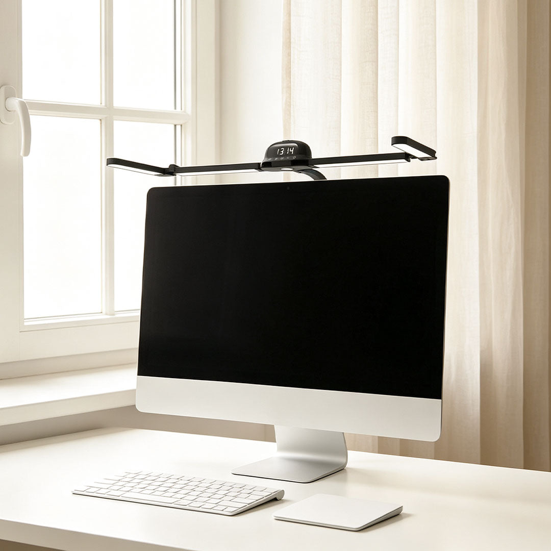 Dual monitor light bar clipped above a desktop computer near a bright window with soft curtains.
