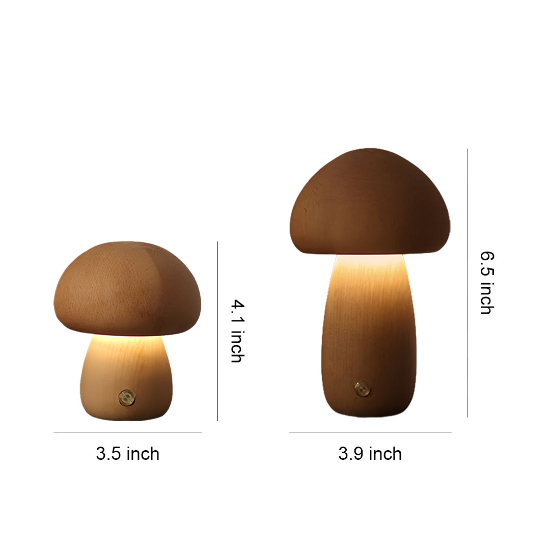 Small table mushroom lamp with brown cap and cream stem in two sizes for ambient lighting