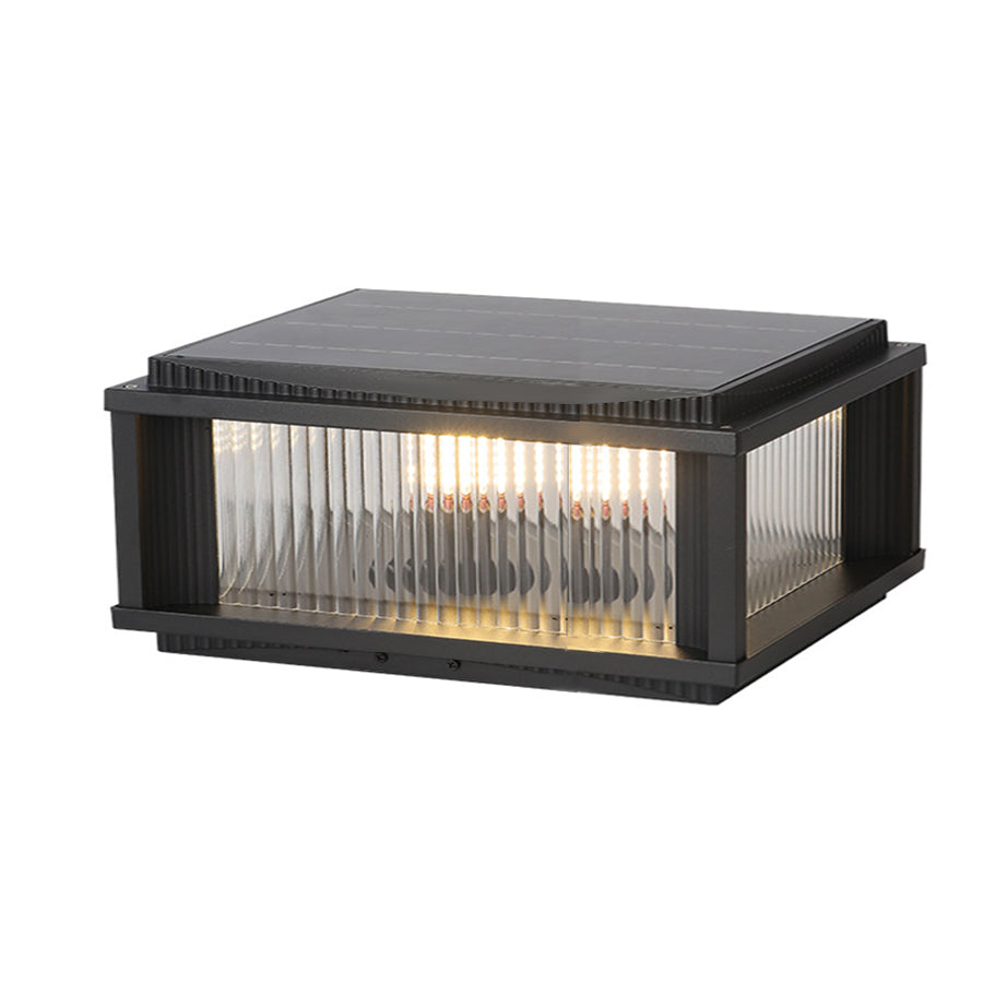 Dual solar LED outdoor pillar lights with sleek black housing and energy-efficient lighting for garden pathways