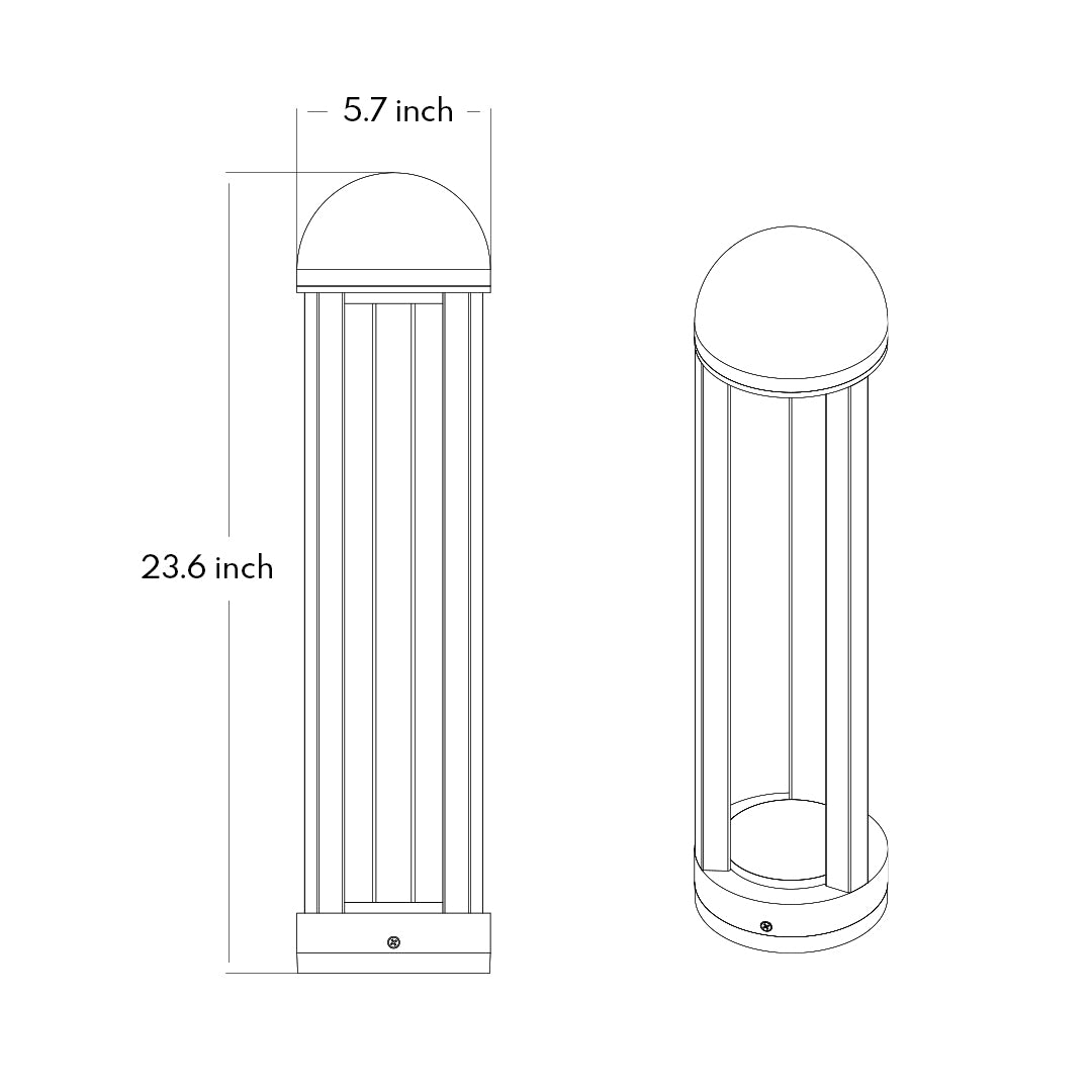 Technical drawing with measurements for tall cylindrical bollard with dual vertical light strips