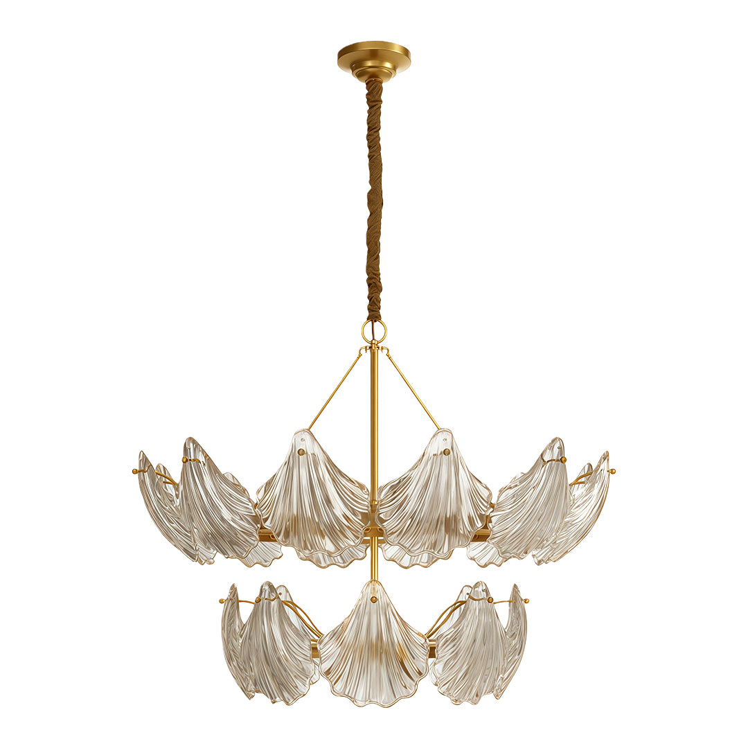 Modern large chandeliers with dual-tier brass and textured glass leaf configuration