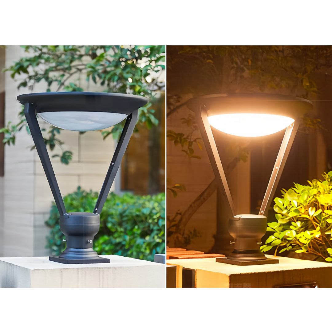 Dual view of the aluminum external pillar lights in both cool white and warm yellow light color temperatures.