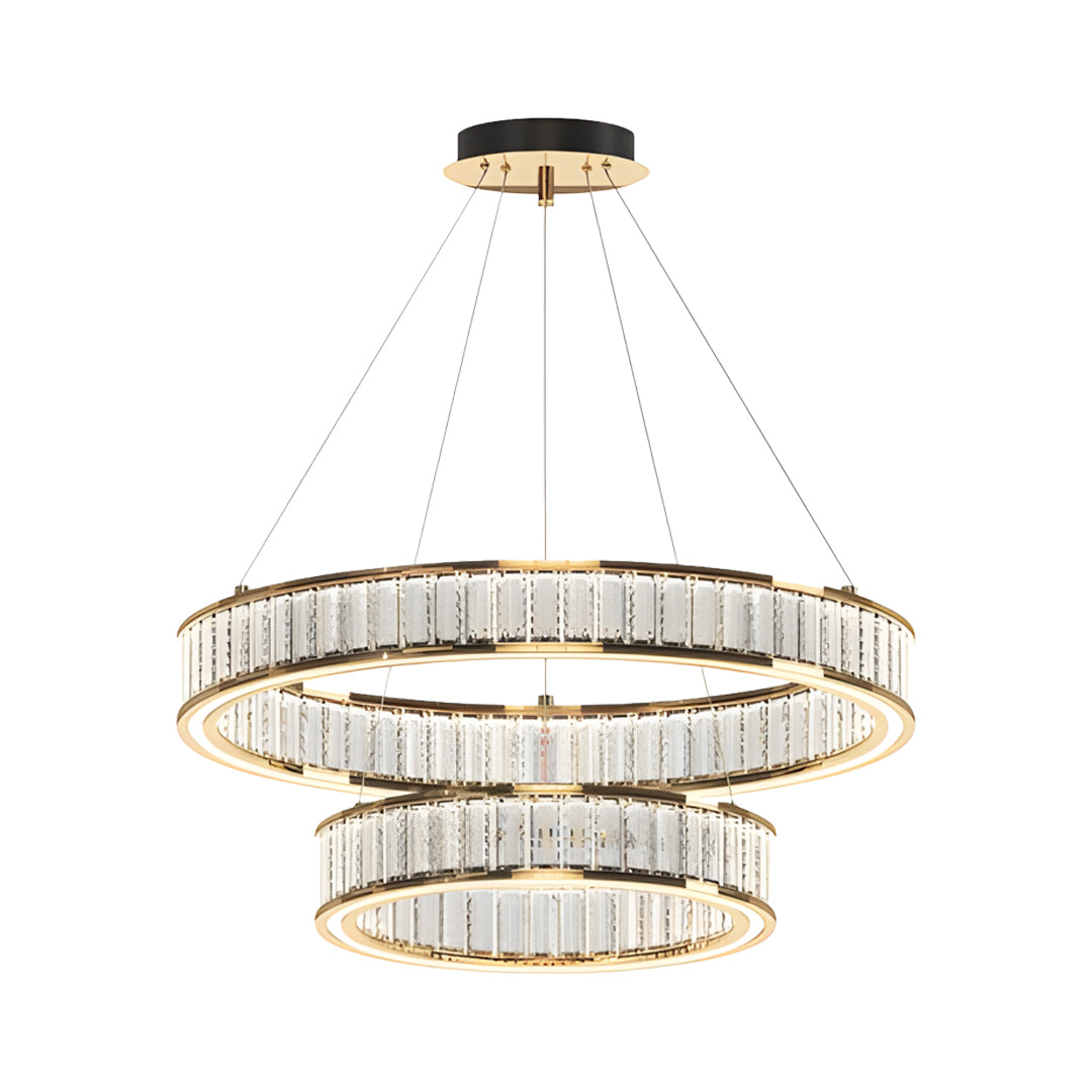 Dual-tier large crystal chandeliers showcasing concentric circular rings with rectangular crystal glass detailing in gold