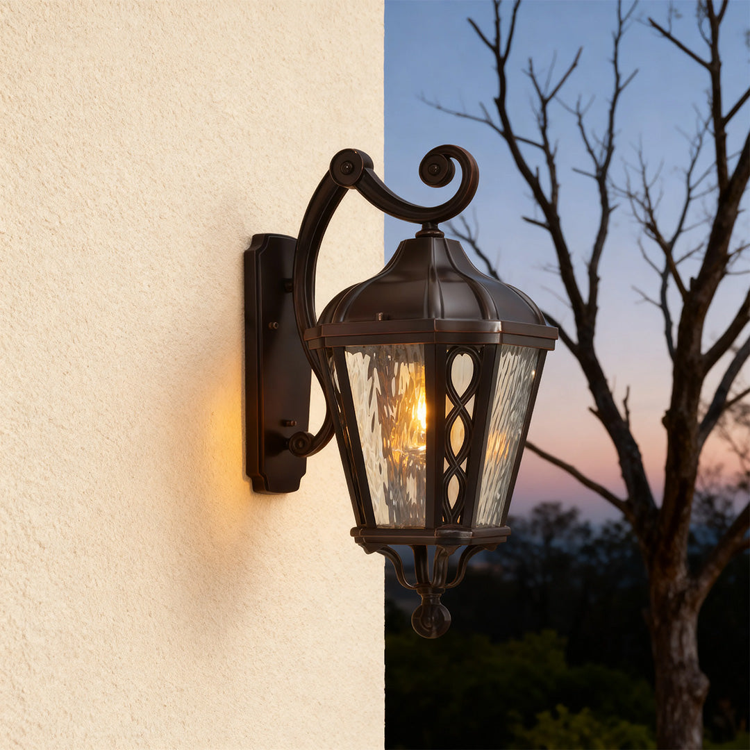 Vintage outdoor sconce at dusk, warm and inviting exterior lighting fixture